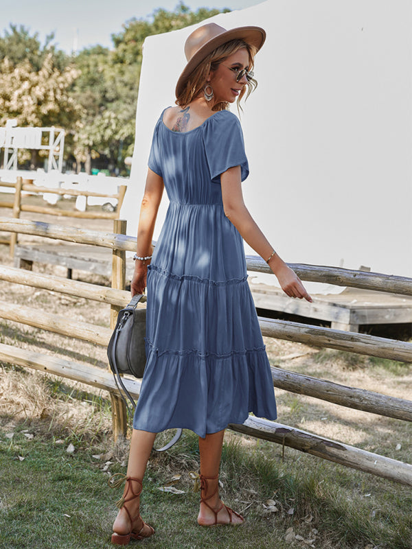 Button-Down Tiered Dress with Short Sleeves Maxi Dresses MyDresses 
