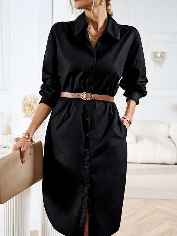 Button-Down Long-Sleeved Shirt Dress with Belted Waist Mini Dresses MyDresses 