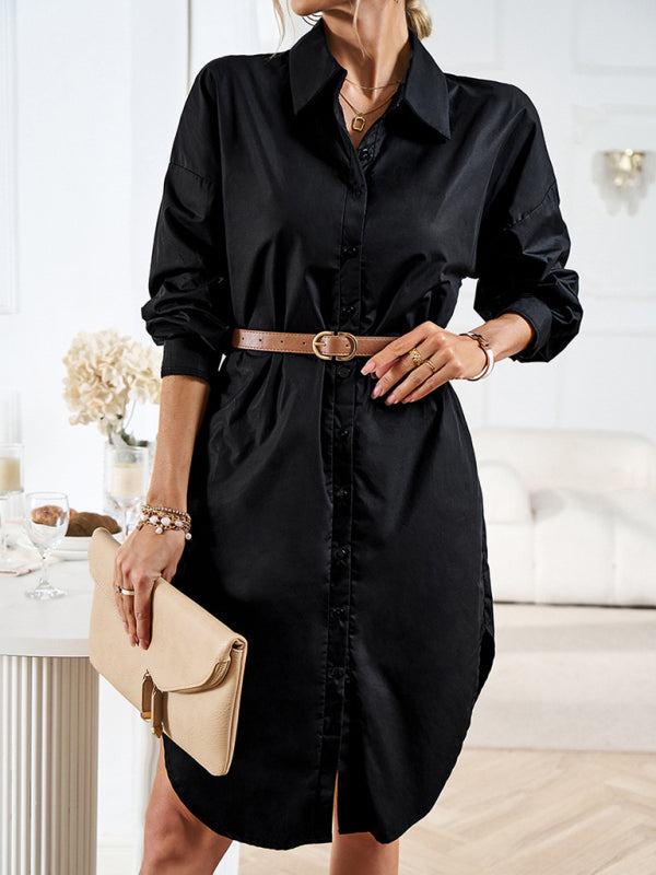 Button-Down Long-Sleeved Shirt Dress with Belted Waist Mini Dresses MyDresses Black 8 | S 