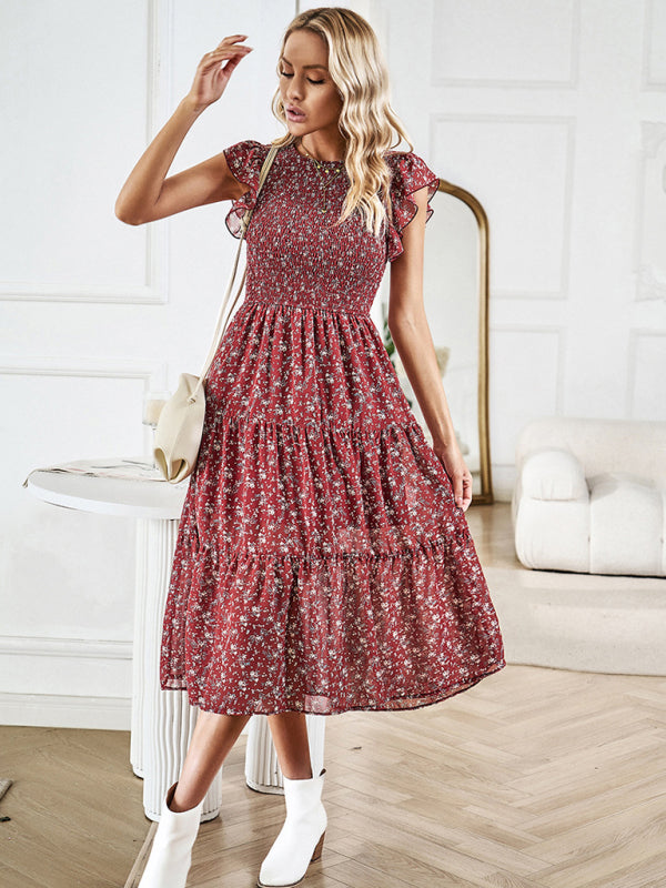 Floral Print Midi Dress with Smocked Bodice and Flutter Sleeves Midi Dresses MyDresses 