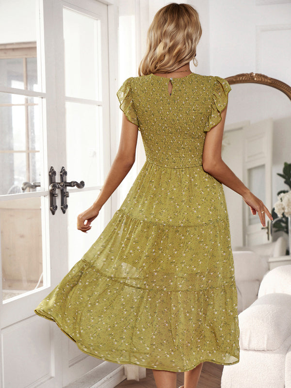 Floral Print Midi Dress with Smocked Bodice and Flutter Sleeves Midi Dresses MyDresses 
