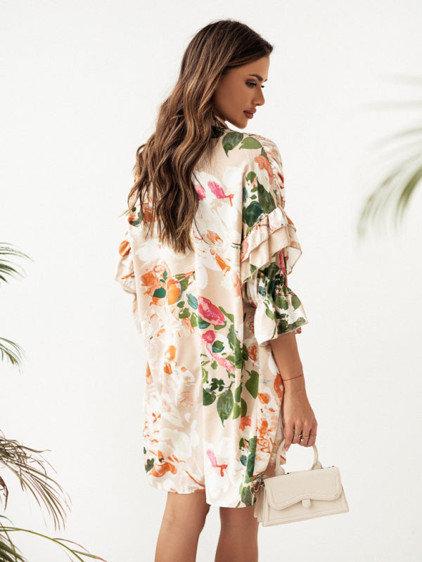 Paisley Print Mini Dress with Ruffled Sleeves and Stand-Up Collar Mini Dresses MyDresses 