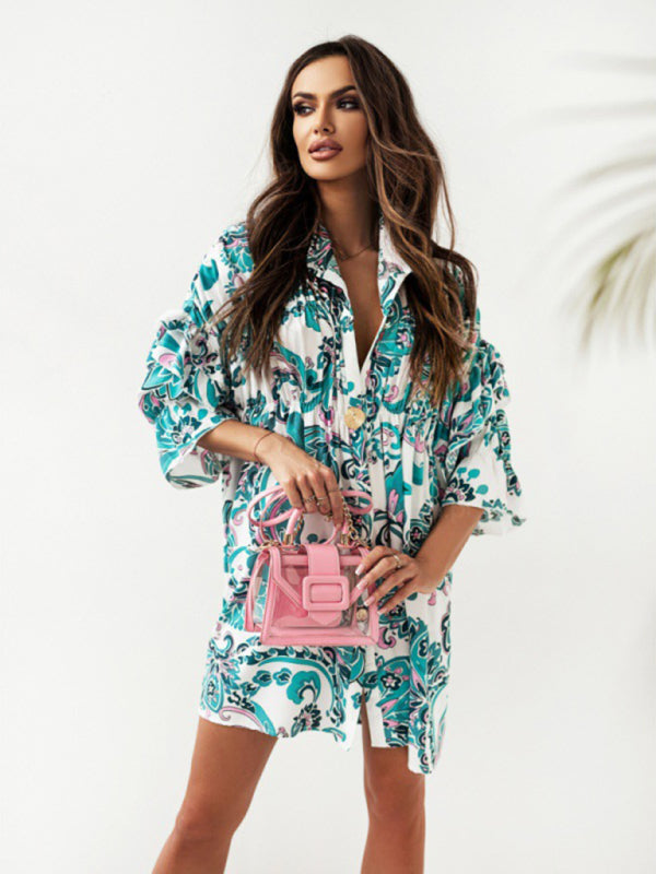 Paisley Print Mini Dress with Ruffled Sleeves and Stand-Up Collar Mini Dresses MyDresses 