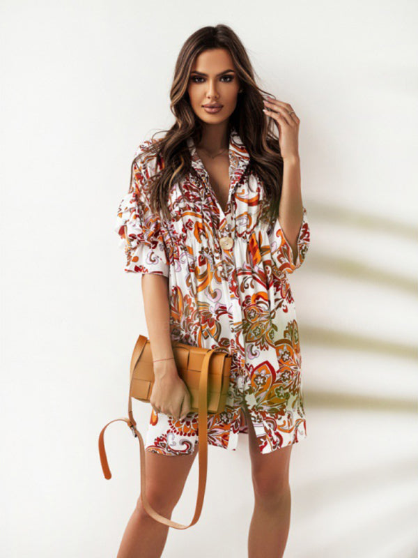 Paisley Print Mini Dress with Ruffled Sleeves and Stand-Up Collar Mini Dresses MyDresses Red 8 | S 