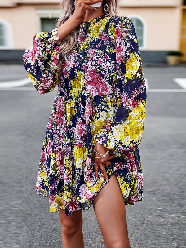 Floral Print Mini Dress with High Neck and Ruffle Long Sleeves Mini Dresses MyDresses Blue 8 | S 