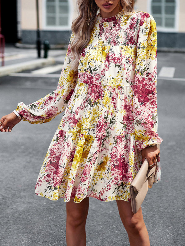 Floral Print Mini Dress with High Neck and Ruffle Long Sleeves Mini Dresses MyDresses White 8 | S 