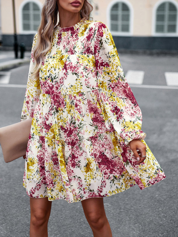 Floral Print Mini Dress with High Neck and Ruffle Long Sleeves Mini Dresses MyDresses 