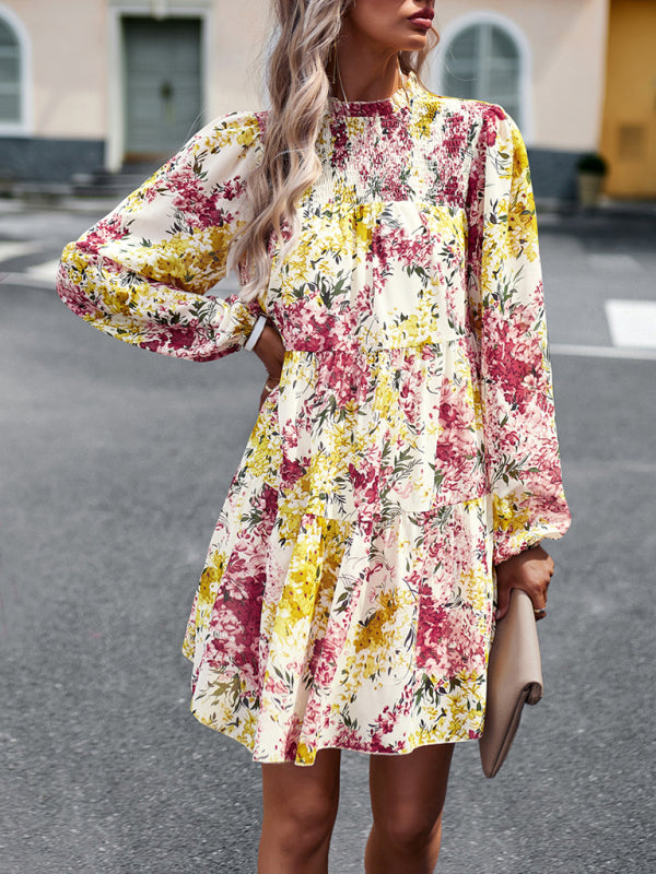 Floral Print Mini Dress with High Neck and Ruffle Long Sleeves Mini Dresses MyDresses 