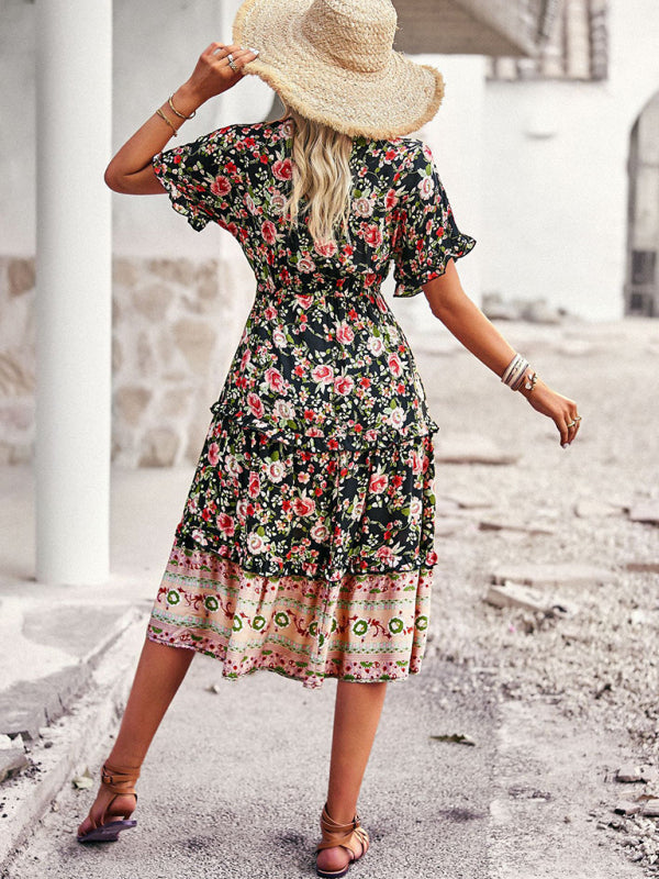 Bohemian A-line Skirt with Floral Print and High-Low Hem Midi Dresses MyDresses 