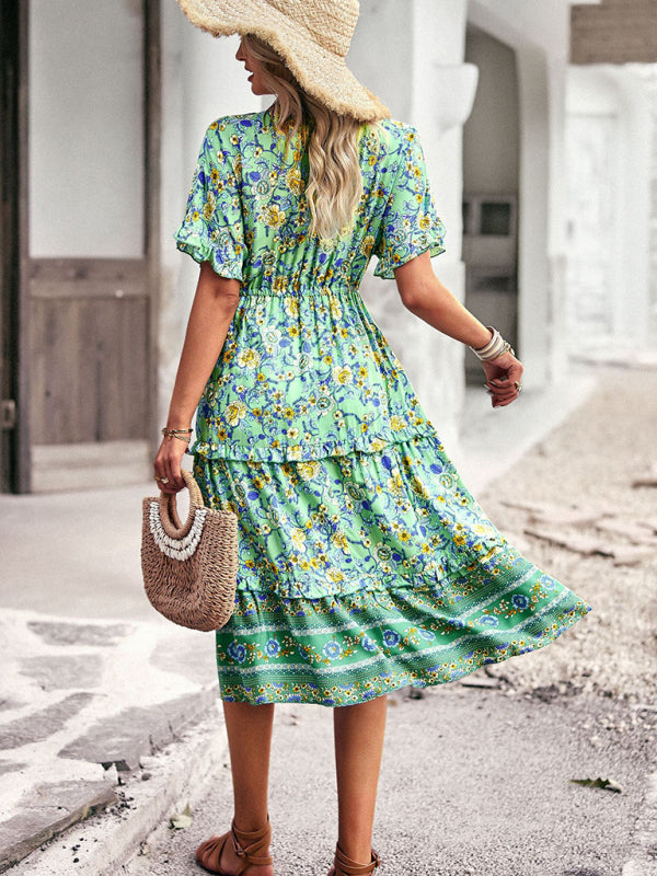 Bohemian A-line Skirt with Floral Print and High-Low Hem Midi Dresses MyDresses 