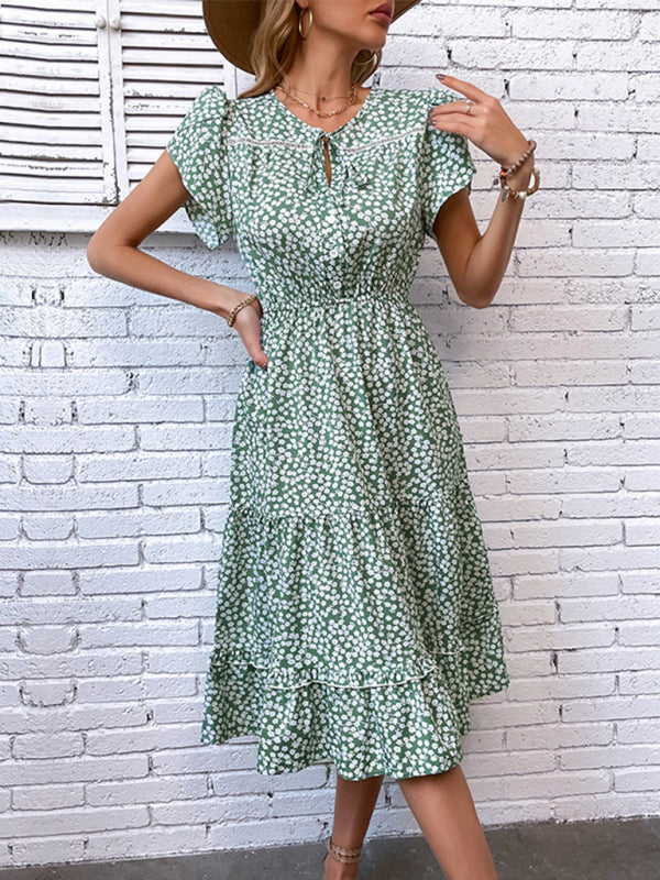 Floral Print Midi Dress with V-Neck and Tiered Skirt Midi Dresses MyDresses Green 8 | S 