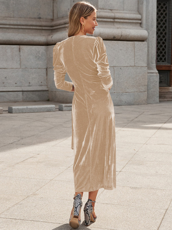 Velvet Wrap Evening Gown with Long Sleeves and Puffed Shoulders Maxi Dresses MyDresses 