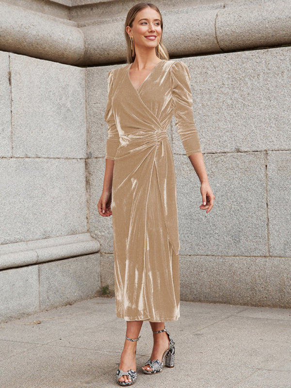 Velvet Wrap Evening Gown with Long Sleeves and Puffed Shoulders Maxi Dresses MyDresses Khaki 8 | S 