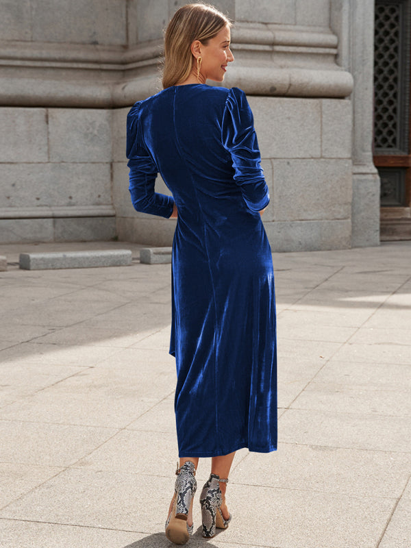 Velvet Wrap Evening Gown with Long Sleeves and Puffed Shoulders Maxi Dresses MyDresses 