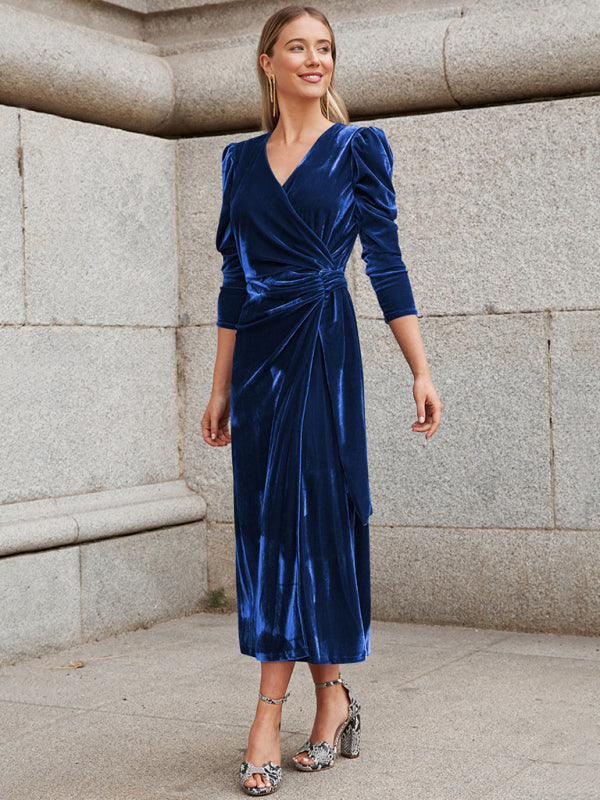 Velvet Wrap Evening Gown with Long Sleeves and Puffed Shoulders Maxi Dresses MyDresses 