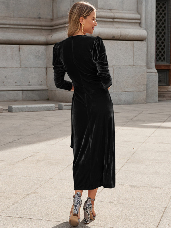 Velvet Wrap Evening Gown with Long Sleeves and Puffed Shoulders Maxi Dresses MyDresses 