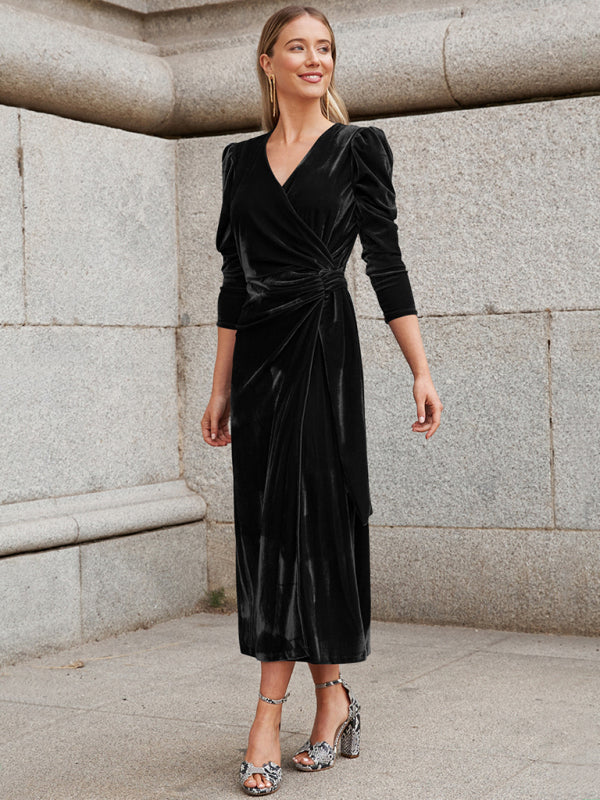 Velvet Wrap Evening Gown with Long Sleeves and Puffed Shoulders Maxi Dresses MyDresses 