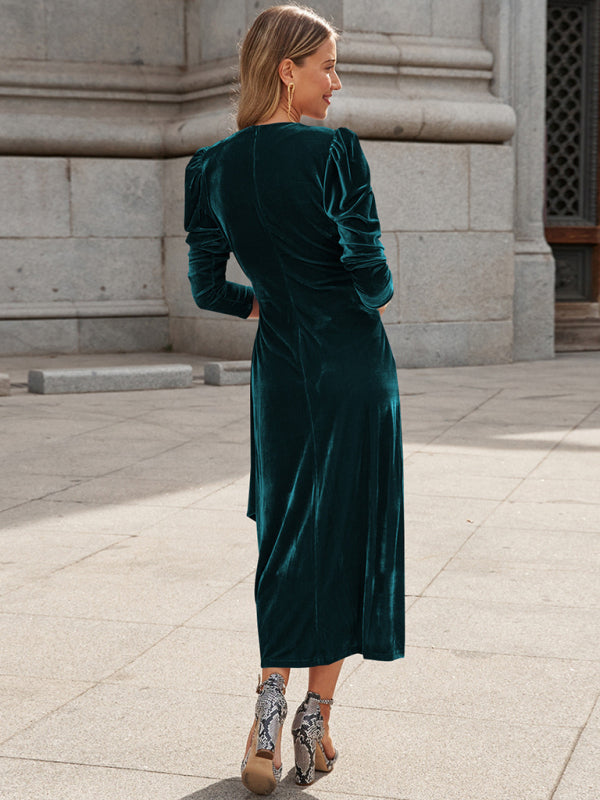 Velvet Wrap Evening Gown with Long Sleeves and Puffed Shoulders Maxi Dresses MyDresses 