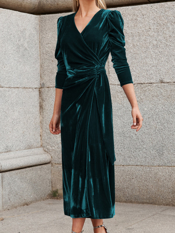 Velvet Wrap Evening Gown with Long Sleeves and Puffed Shoulders Maxi Dresses MyDresses 