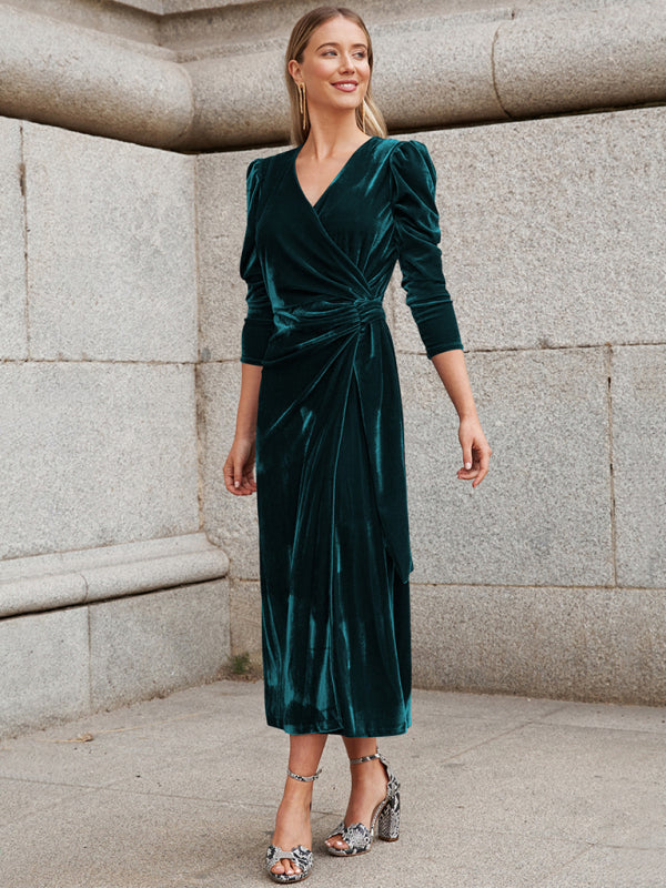 Velvet Wrap Evening Gown with Long Sleeves and Puffed Shoulders Maxi Dresses MyDresses 