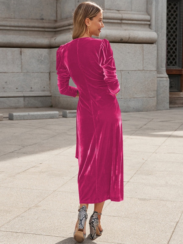 Velvet Wrap Evening Gown with Long Sleeves and Puffed Shoulders Maxi Dresses MyDresses 