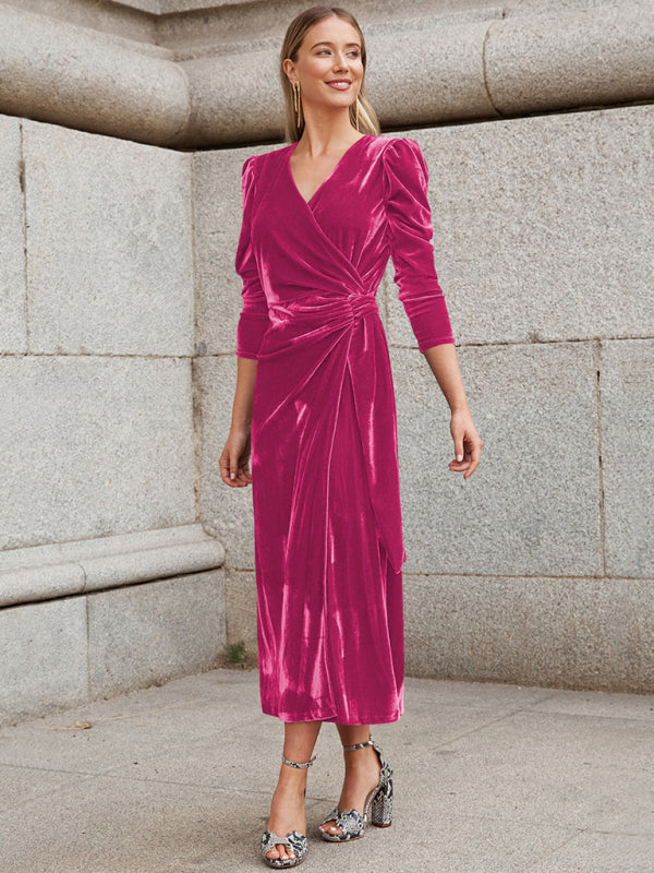 Velvet Wrap Evening Gown with Long Sleeves and Puffed Shoulders Maxi Dresses MyDresses 