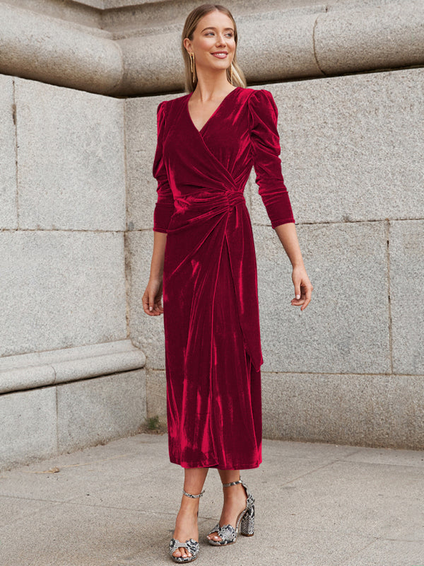 Velvet Wrap Evening Gown with Long Sleeves and Puffed Shoulders Maxi Dresses MyDresses 