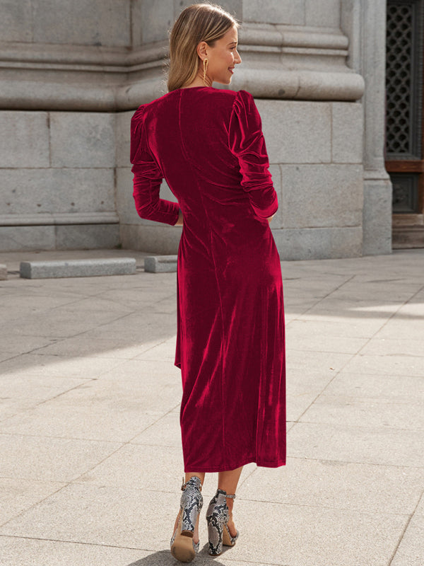 Velvet Wrap Evening Gown with Long Sleeves and Puffed Shoulders Maxi Dresses MyDresses 