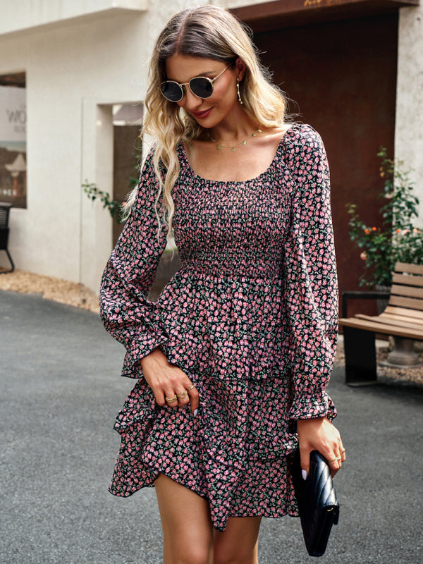 Floral Print Mini Dress with Smocked Bodice and Tiered Ruffles Mini Dresses MyDresses 
