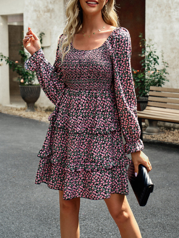 Floral Print Mini Dress with Smocked Bodice and Tiered Ruffles Mini Dresses MyDresses 