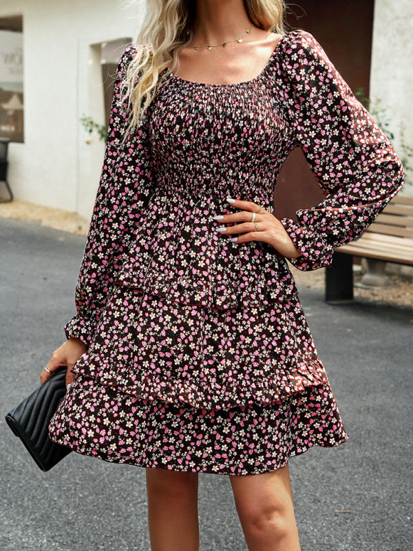 Floral Print Mini Dress with Smocked Bodice and Tiered Ruffles Mini Dresses MyDresses Pink 1 8 | S 