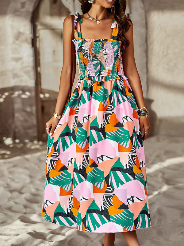Smocked Bodice Mid-Length Dress with Abstract Print and Tie Straps Midi Dresses MyDresses 