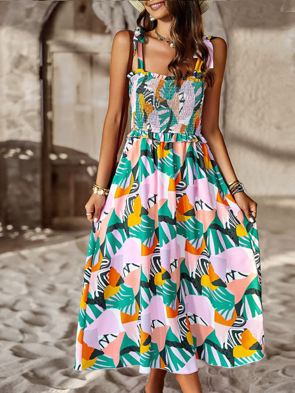 Smocked Bodice Mid-Length Dress with Abstract Print and Tie Straps Midi Dresses MyDresses Green 8 | S 