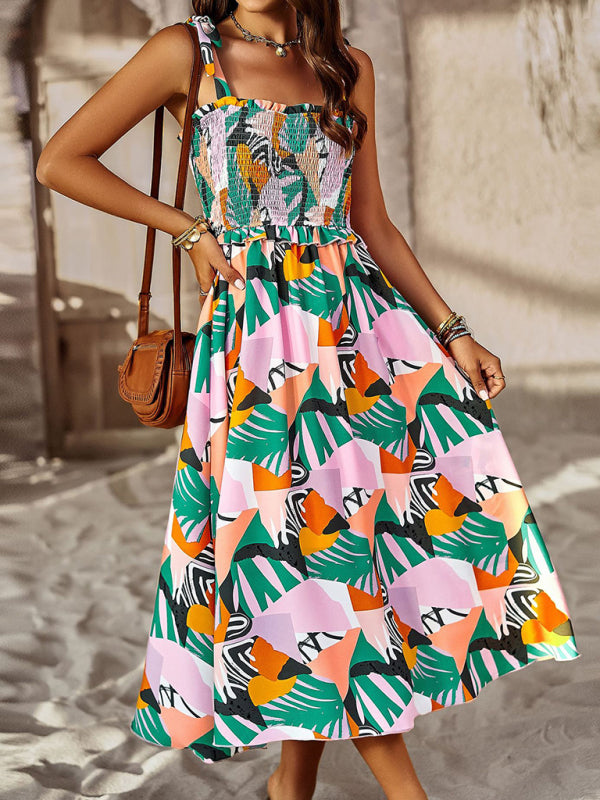 Smocked Bodice Mid-Length Dress with Abstract Print and Tie Straps Midi Dresses MyDresses 