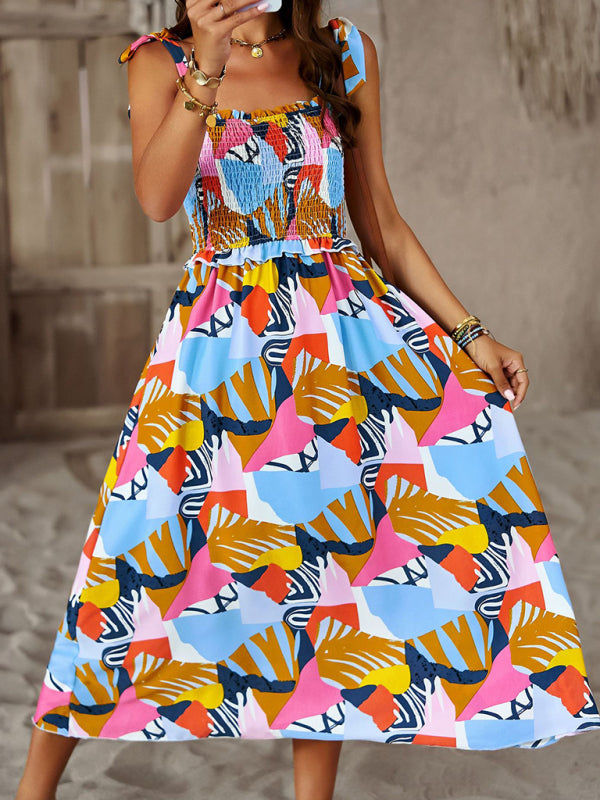 Smocked Bodice Mid-Length Dress with Abstract Print and Tie Straps Midi Dresses MyDresses 