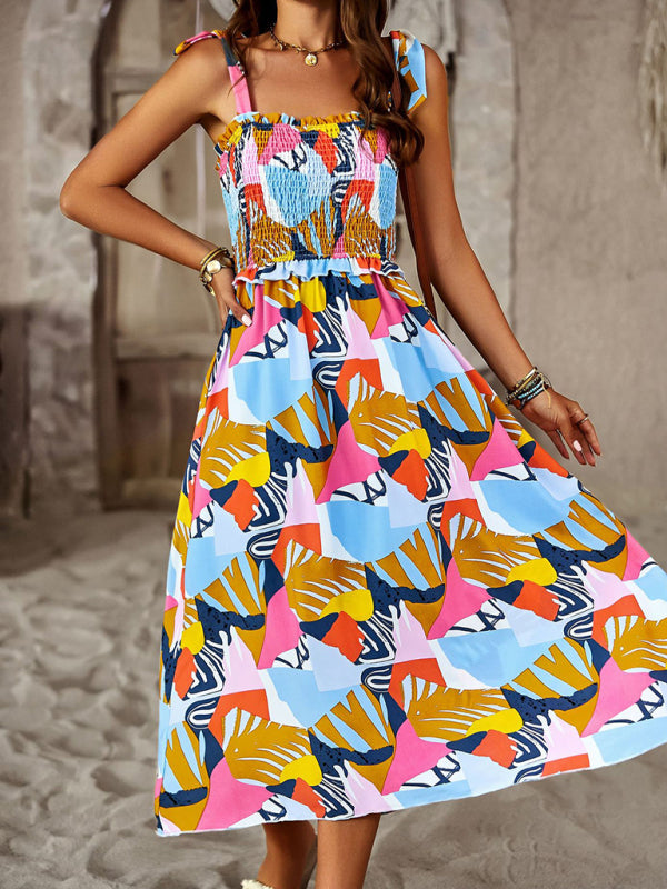 Smocked Bodice Mid-Length Dress with Abstract Print and Tie Straps Midi Dresses MyDresses Sky Blue / Orange 8 | S 