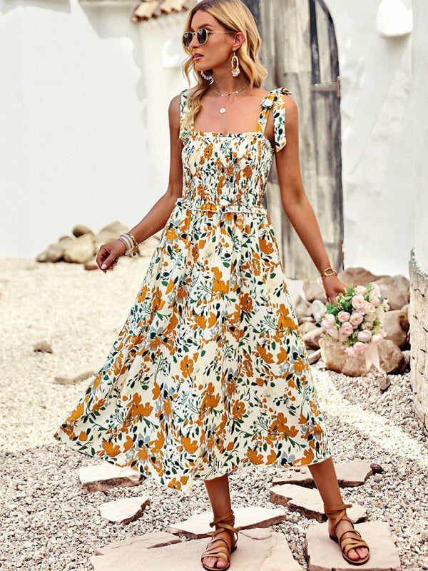 Smocked Bodice Mid-Length Dress with Abstract Print and Tie Straps Midi Dresses MyDresses Yellow 8 | S 