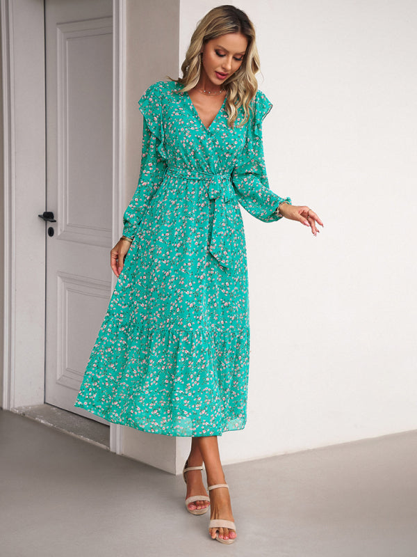Floral V-neck Midi Dress with Ruffle Shoulders and Wrap Style Midi Dresses MyDresses 