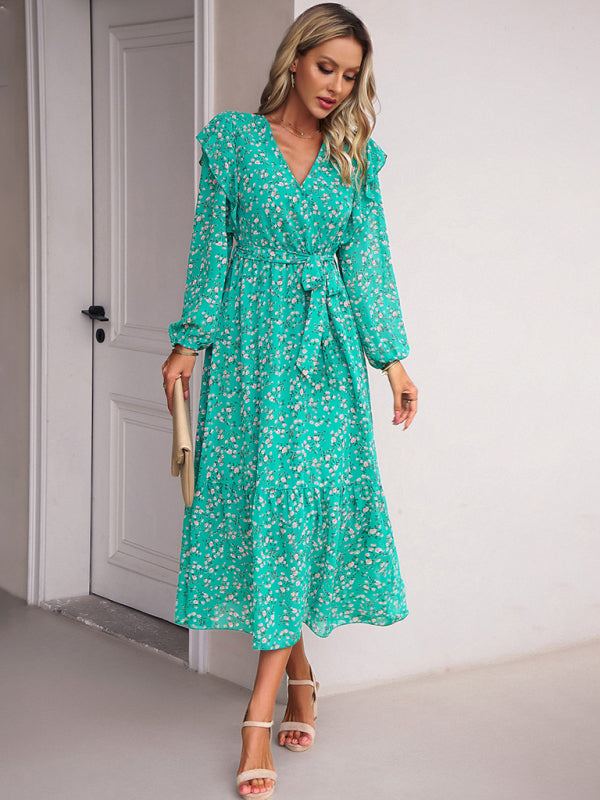 Floral V-neck Midi Dress with Ruffle Shoulders and Wrap Style Midi Dresses MyDresses 