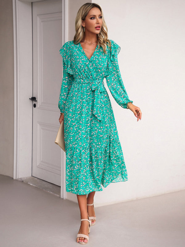 Floral V-neck Midi Dress with Ruffle Shoulders and Wrap Style Midi Dresses MyDresses Green 8 | S 