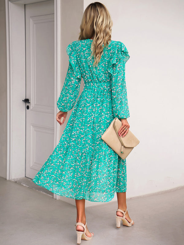 Floral V-neck Midi Dress with Ruffle Shoulders and Wrap Style Midi Dresses MyDresses 