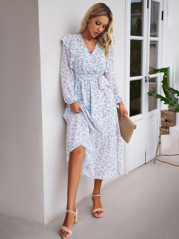Floral V-neck Midi Dress with Ruffle Shoulders and Wrap Style Midi Dresses MyDresses 