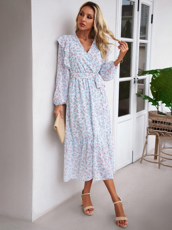 Floral V-neck Midi Dress with Ruffle Shoulders and Wrap Style Midi Dresses MyDresses 