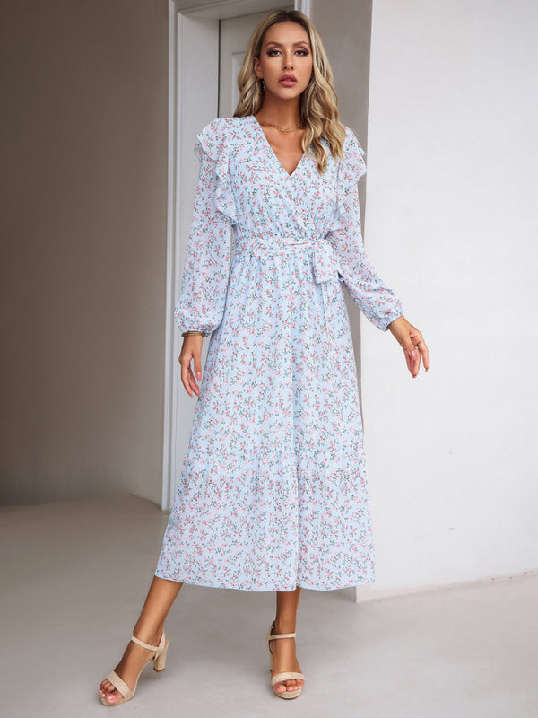 Floral V-neck Midi Dress with Ruffle Shoulders and Wrap Style Midi Dresses MyDresses Blue 8 | S 