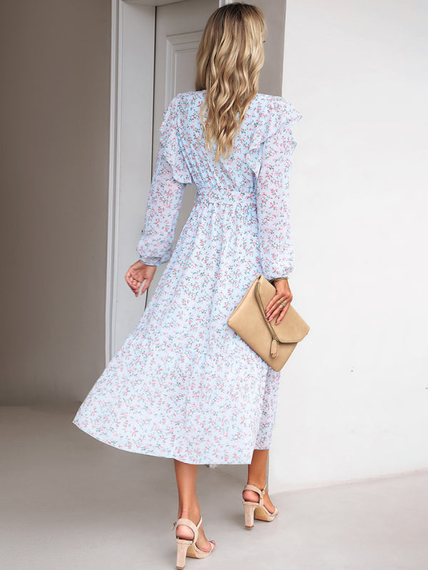 Floral V-neck Midi Dress with Ruffle Shoulders and Wrap Style Midi Dresses MyDresses 