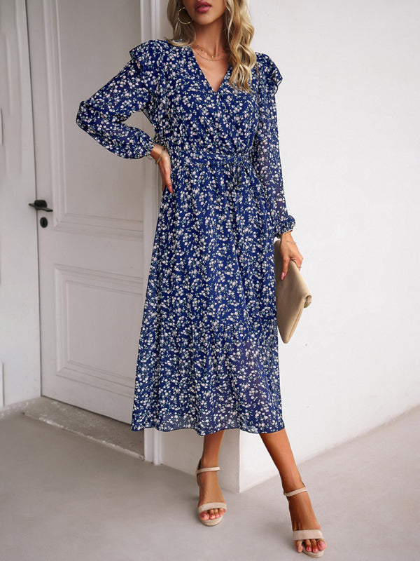 Floral V-neck Midi Dress with Ruffle Shoulders and Wrap Style Midi Dresses MyDresses 