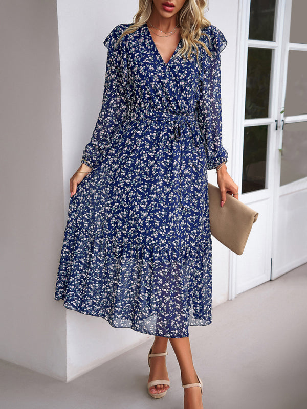 Floral V-neck Midi Dress with Ruffle Shoulders and Wrap Style Midi Dresses MyDresses Dark Blue 8 | S 