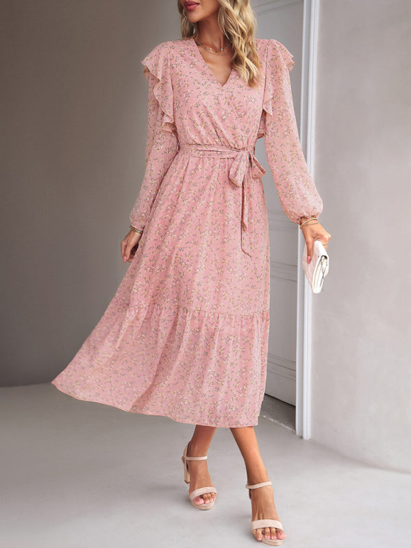Floral V-neck Midi Dress with Ruffle Shoulders and Wrap Style Midi Dresses MyDresses Pink 8 | S 