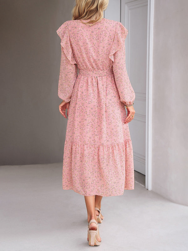 Floral V-neck Midi Dress with Ruffle Shoulders and Wrap Style Midi Dresses MyDresses 