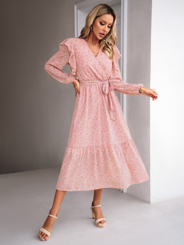 Floral V-neck Midi Dress with Ruffle Shoulders and Wrap Style Midi Dresses MyDresses 